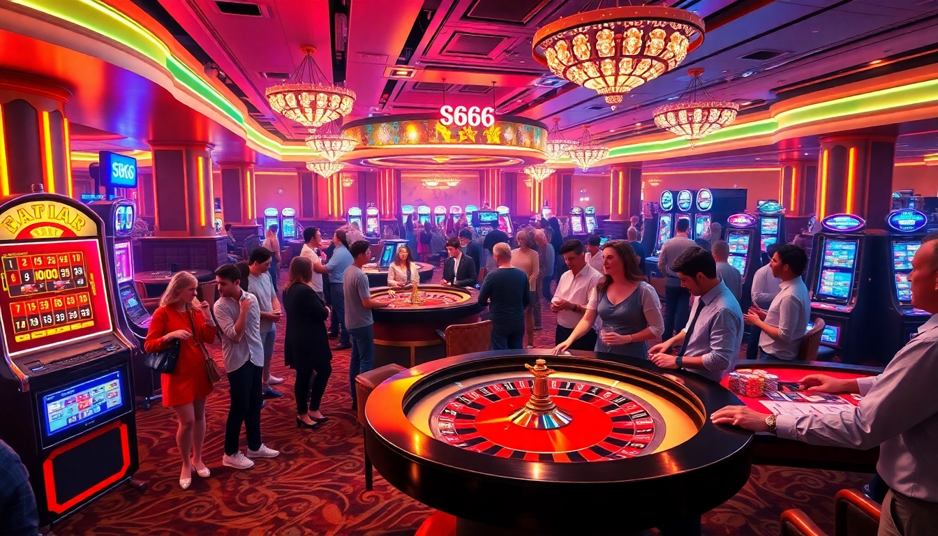 S666 Casino scene with players engaging in thrilling roulette and vibrant slot machines.