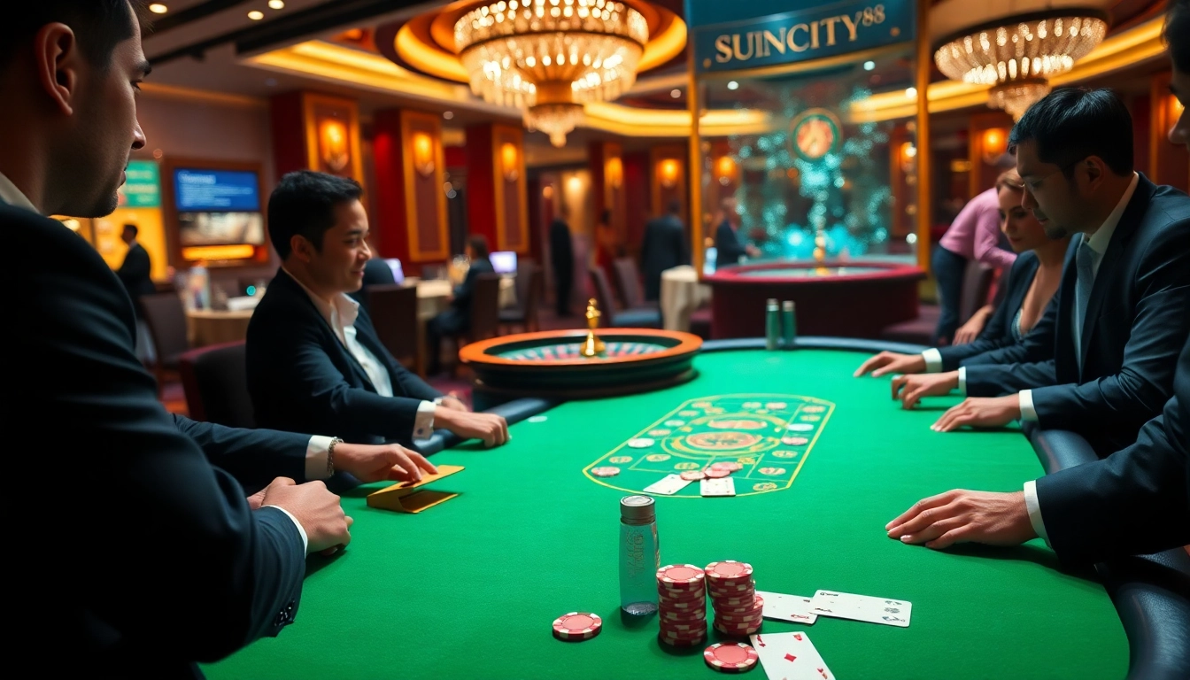 Players engaged in an intense poker game at SUNCITY88 casino, surrounded by vibrant lights.