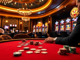 Joyful player placing bets at a luxurious casino table, showcasing excitement at https://hbbet4.art/ with vibrant poker chips and cards.