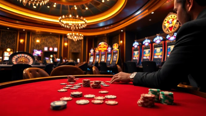 Joyful player placing bets at a luxurious casino table, showcasing excitement at https://hbbet4.art/ with vibrant poker chips and cards.