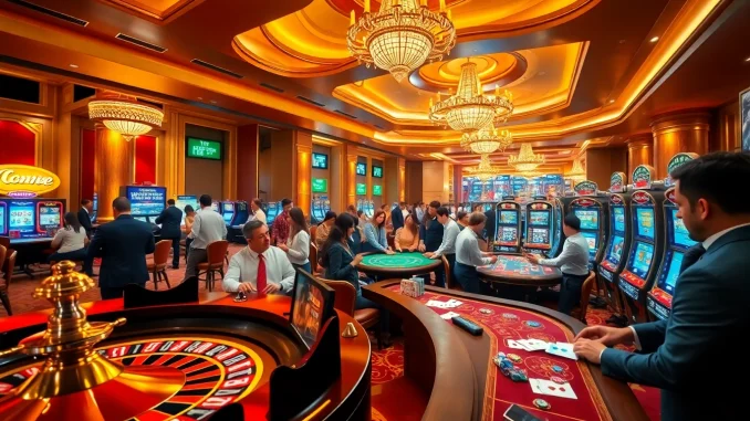 Experience the excitement of winning at https://lc88pro.com/ with a vibrant casino scene featuring roulette and poker tables.