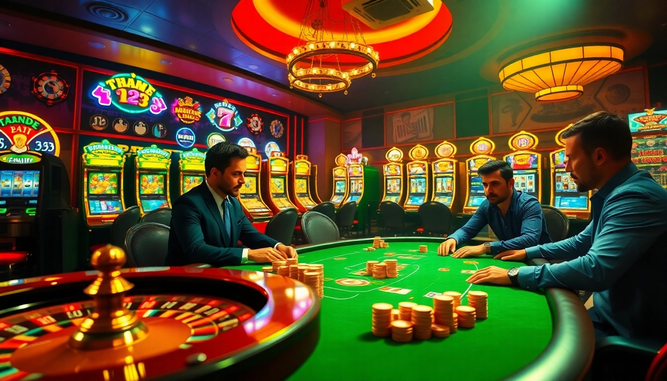Experience thrilling gambling action at https://tr88.work/ with a vibrant casino scene featuring poker tables and slot machines.