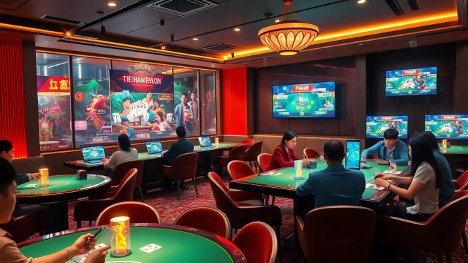 Exciting gaming scene featuring virtual Tiến Lên and Phỏm games on gamebaidoithuong.com.vc, showcasing vibrant players.