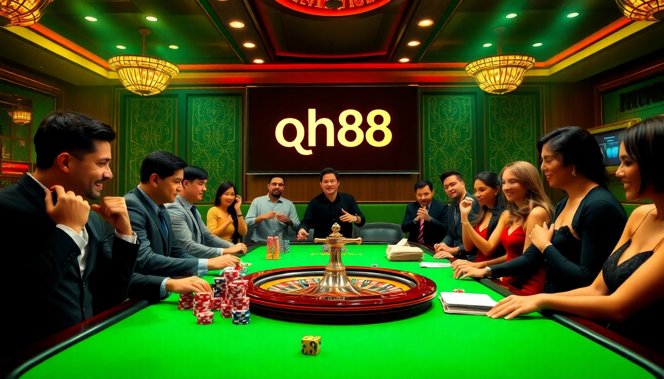 Engaged players at a qh88 casino table featuring vibrant chips and a roulette wheel.