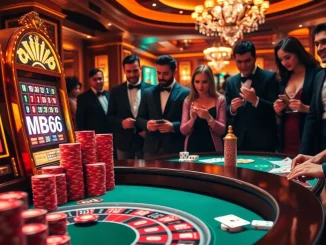 Players excitedly placing bets at an MB66 slot machine in a luxurious casino setting.