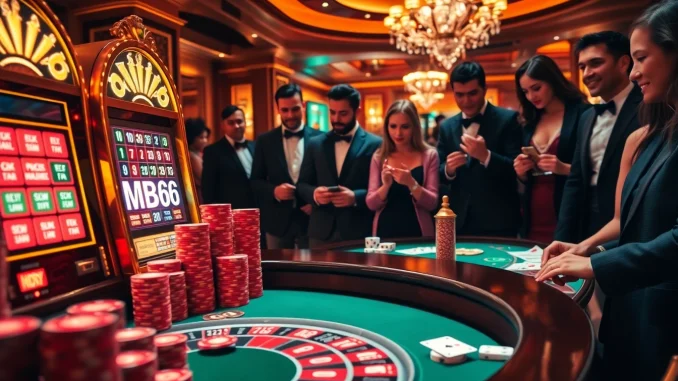 Players excitedly placing bets at an MB66 slot machine in a luxurious casino setting.