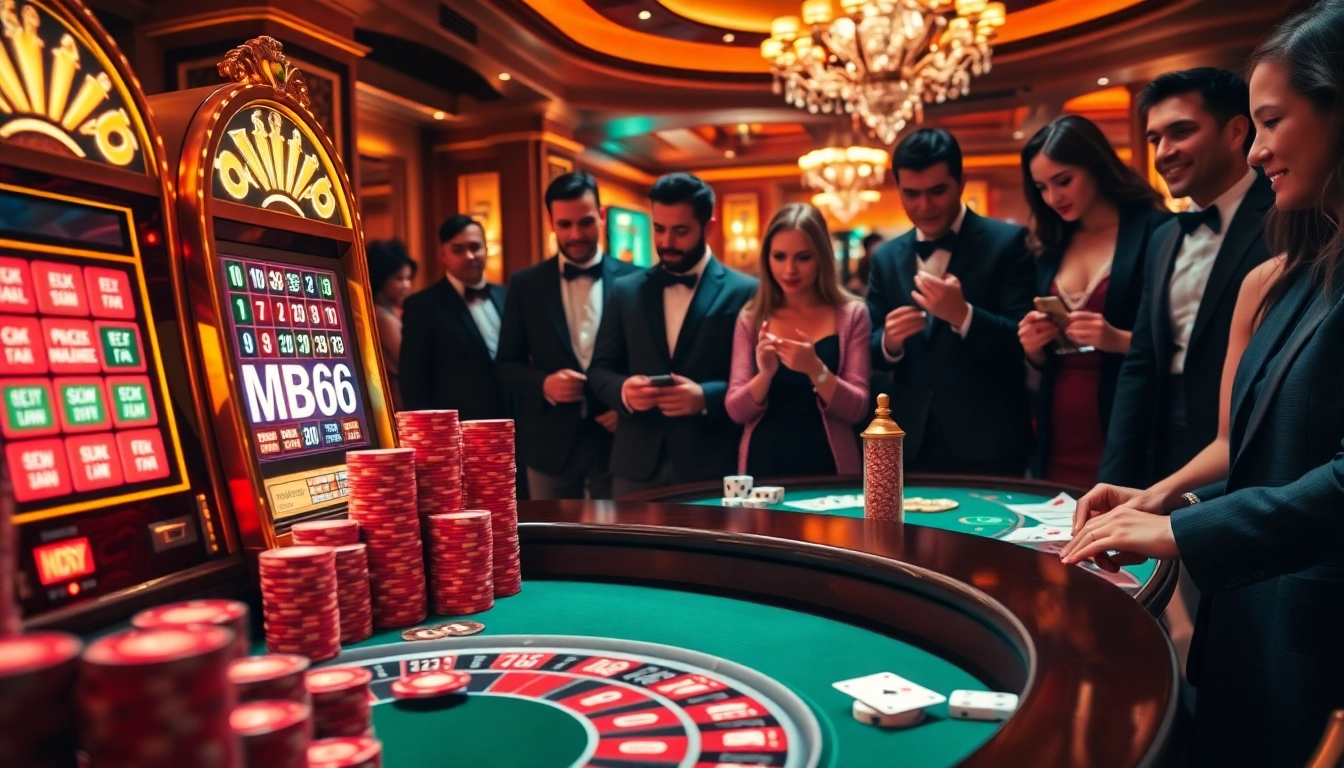 Players excitedly placing bets at an MB66 slot machine in a luxurious casino setting.