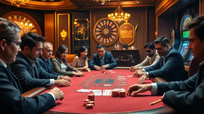 Players strategizing at an elegant poker table in MMOO's luxurious gambling environment.