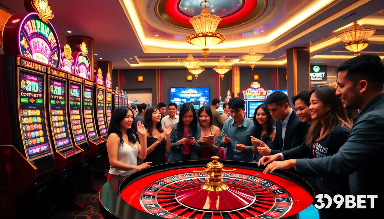 High-stakes gaming at 399BET featuring vibrant slot machines and excited players creating a thrilling atmosphere.