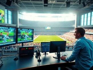 Engaging professional in sports broadcasting setting delivering live commentary.