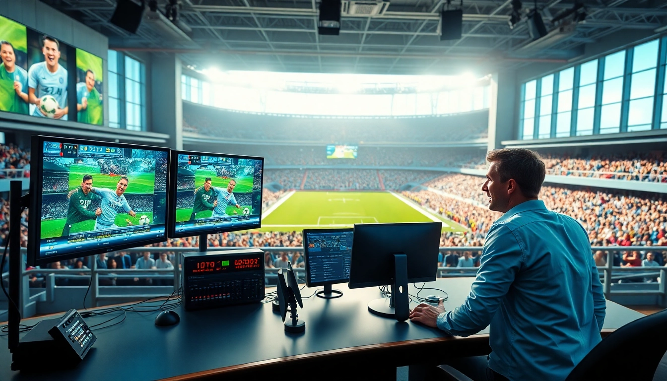 Engaging professional in sports broadcasting setting delivering live commentary.