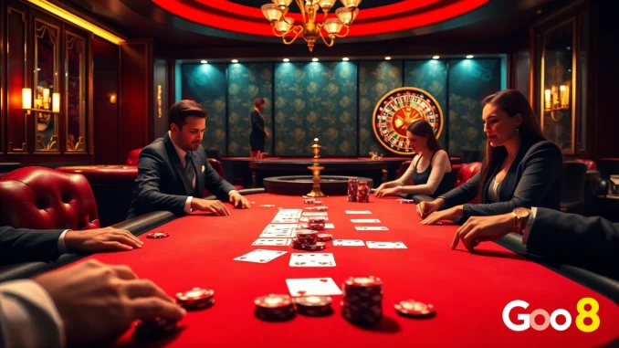 Go8 players strategizing at an upscale poker table in a high-stakes casino setting.
