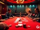 Go8 players strategizing at an upscale poker table in a high-stakes casino setting.