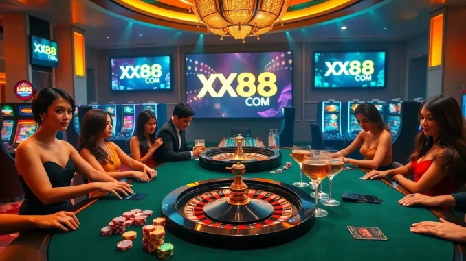 Exciting gaming action at XX88 COM casino with vibrant poker chips and a roulette wheel.