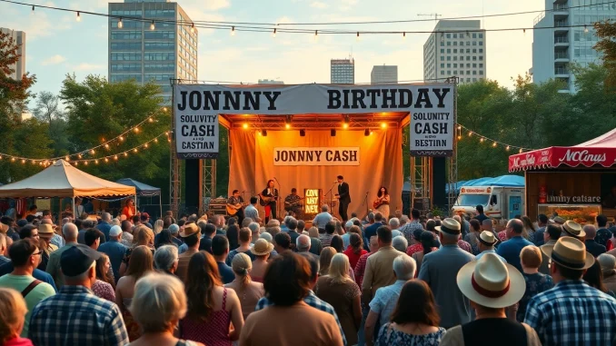 Celebrate Johnny Cash's birthday at a vibrant festival, featuring a diverse crowd enjoying live music and vintage Americana elements. Visit johnnycashbirthday.com for details.