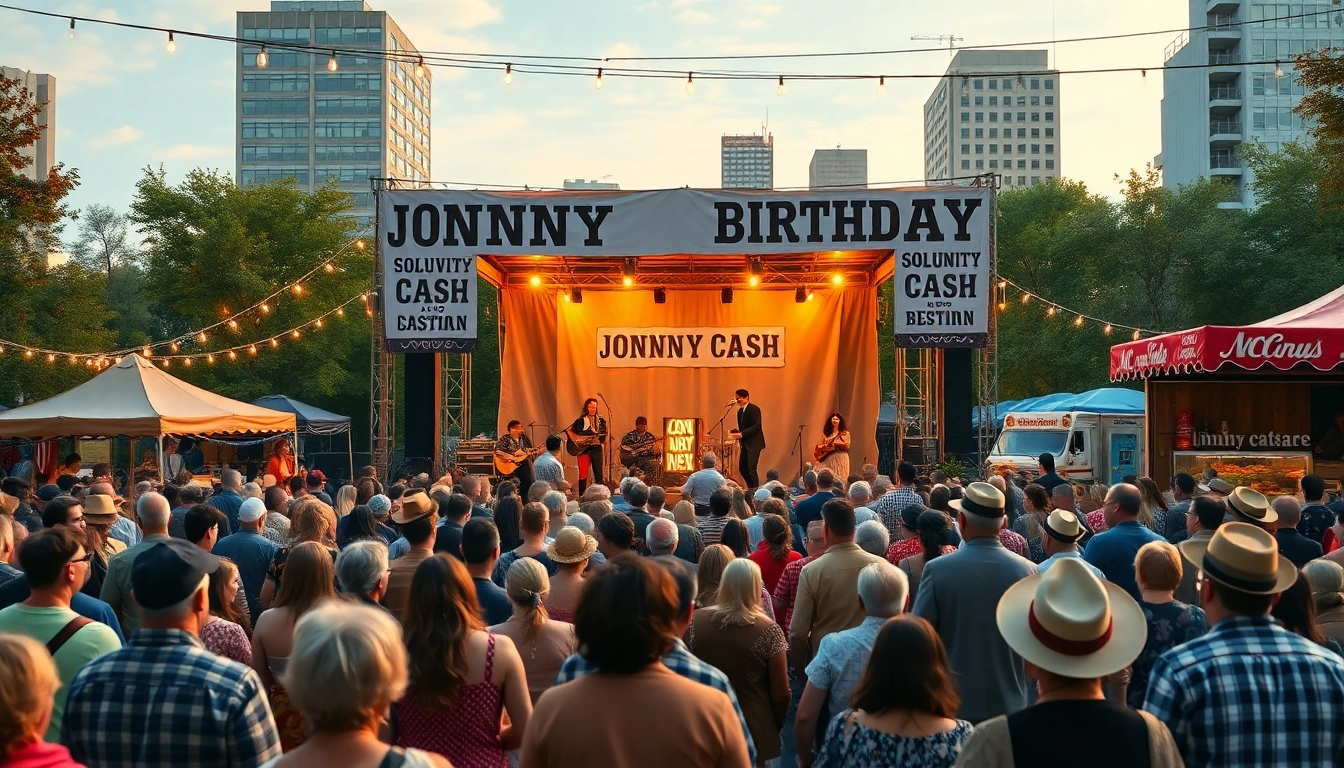 Celebrate Johnny Cash's birthday at a vibrant festival, featuring a diverse crowd enjoying live music and vintage Americana elements. Visit johnnycashbirthday.com for details.