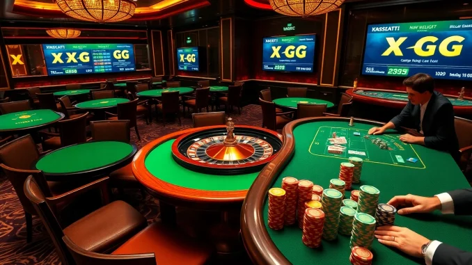 XXGG casino scene with vibrant tables and roulette wheel, emphasizing luxury and excitement.