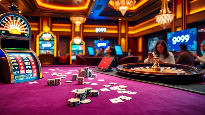 Experience the excitement of go99 with vibrant casino visuals, featuring poker, slot machines, and roulette.