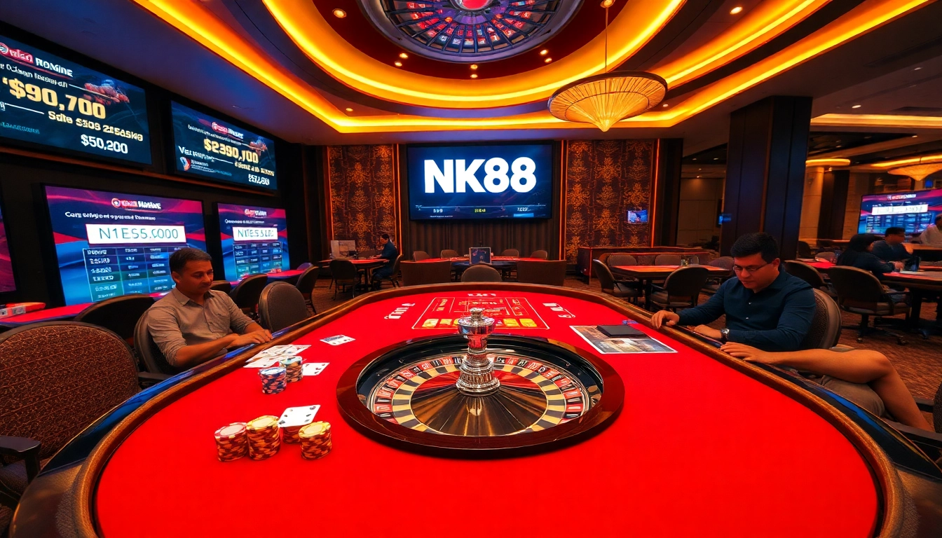 Engaging players in an intense game at NK88 casino with vibrant poker chips and roulette wheel.