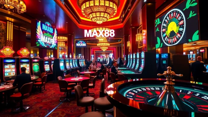Players enjoying various games at MAX88 casino, with glowing slot machines and tables.