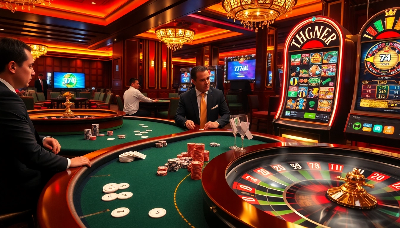 Experience high-stakes gaming at 77ball cc casino with a luxurious poker table and roulette wheel.
