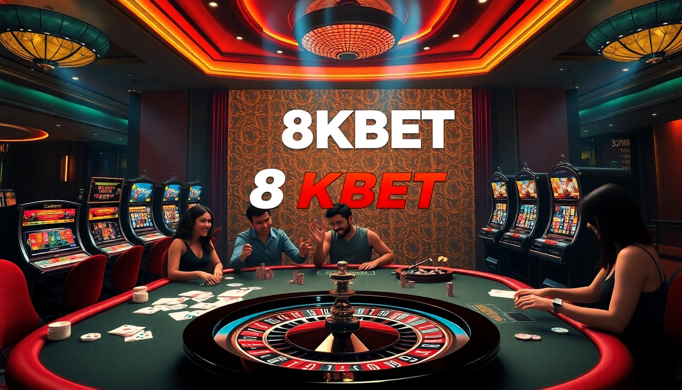 Gamblers enjoying a thrilling game at 8KBET casino with colorful slot machines and vibrant tables.