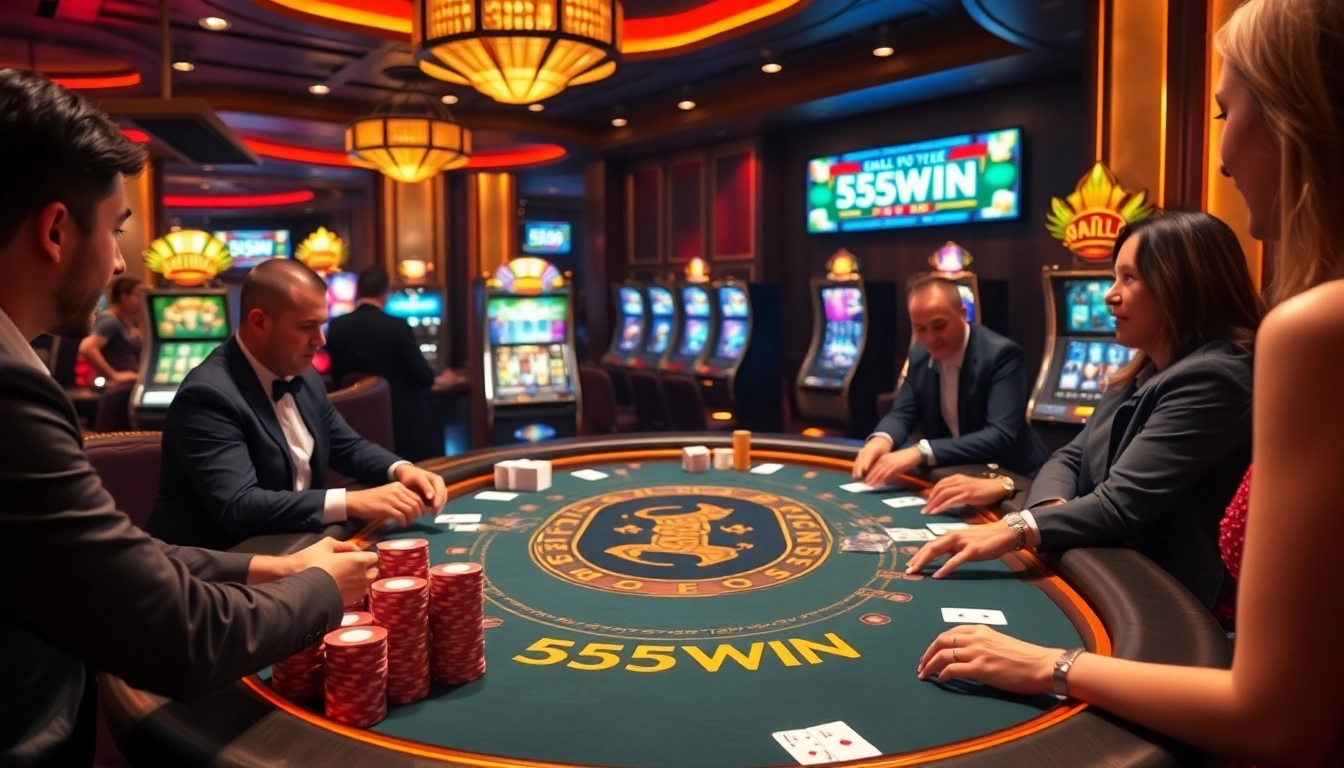 Experience the thrill of gambling at 555WIN with vibrant casino visuals and luxurious settings.
