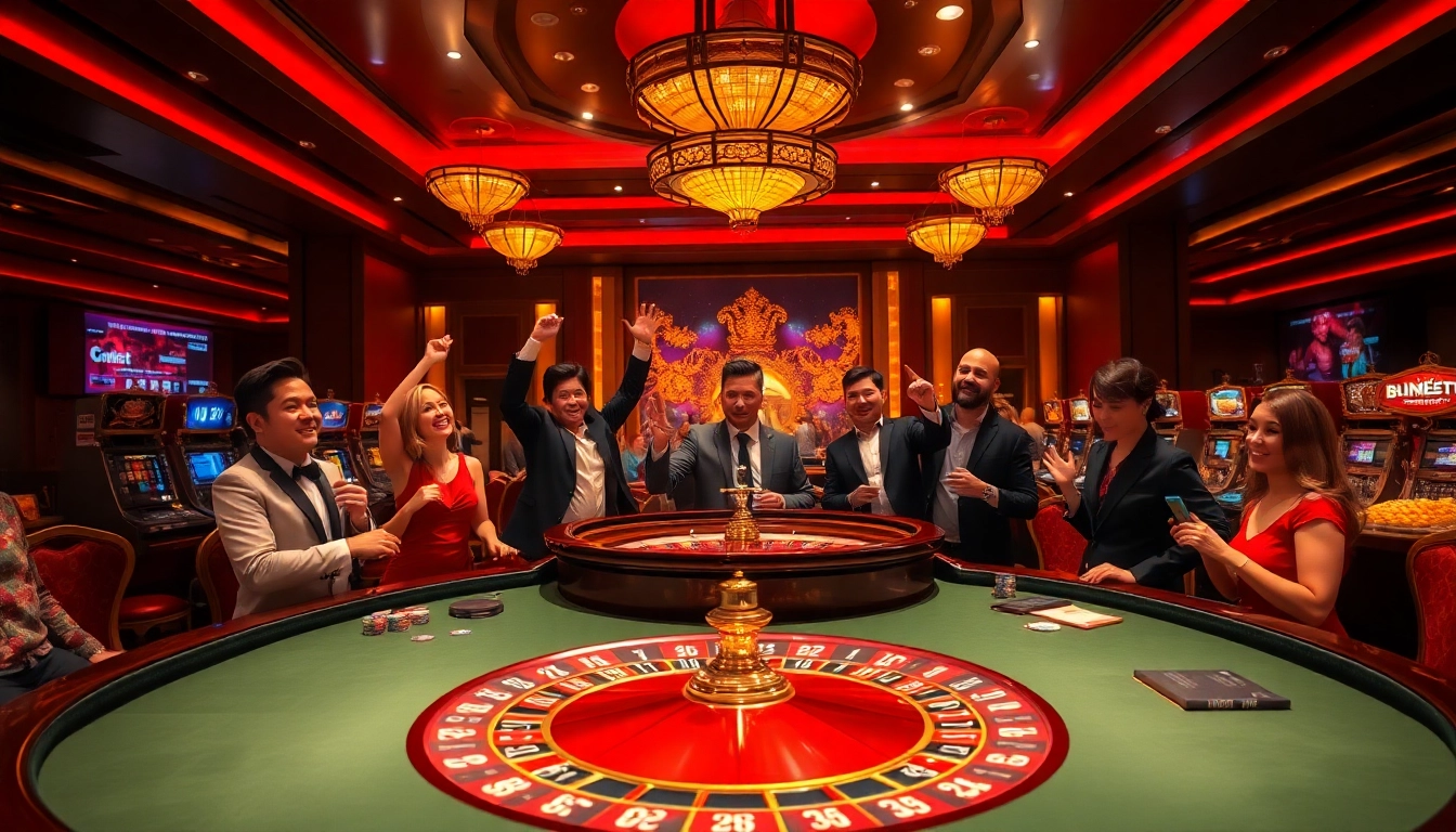 Experience the thrill of betting at 8kbet, featuring a vibrant casino atmosphere with roulette and poker elements.
