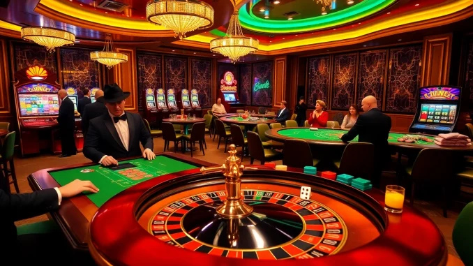 Gamblers enjoying a thrilling game at 789club casino with roulette and poker tables.