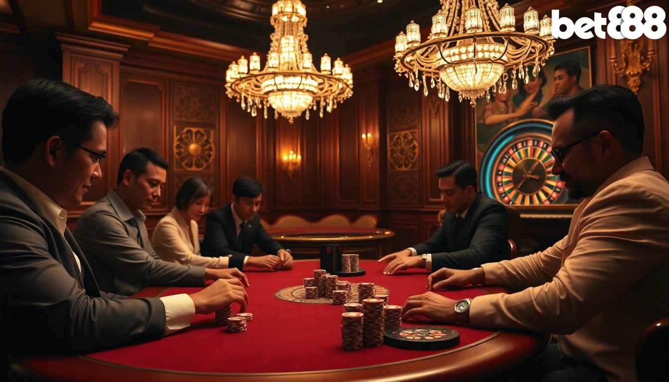 Casino gamblers strategizing at a professional poker table, representing the excitement of trang chủ bet88.