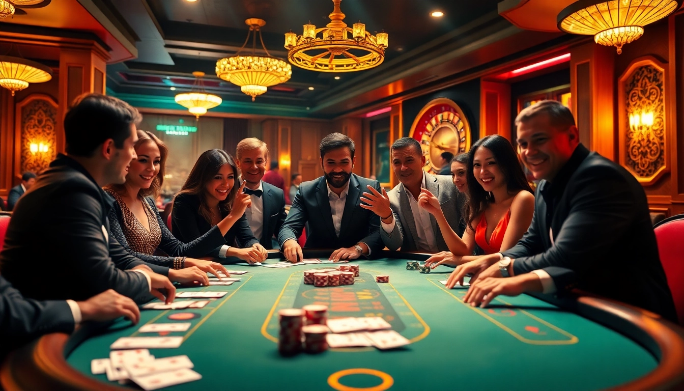 Excited players at a luxurious poker table while engaging with VIPWIN CC's online gaming atmosphere.