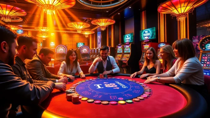 Players engaging in high-stakes poker at TR88 online casino, with vibrant chips and cards.