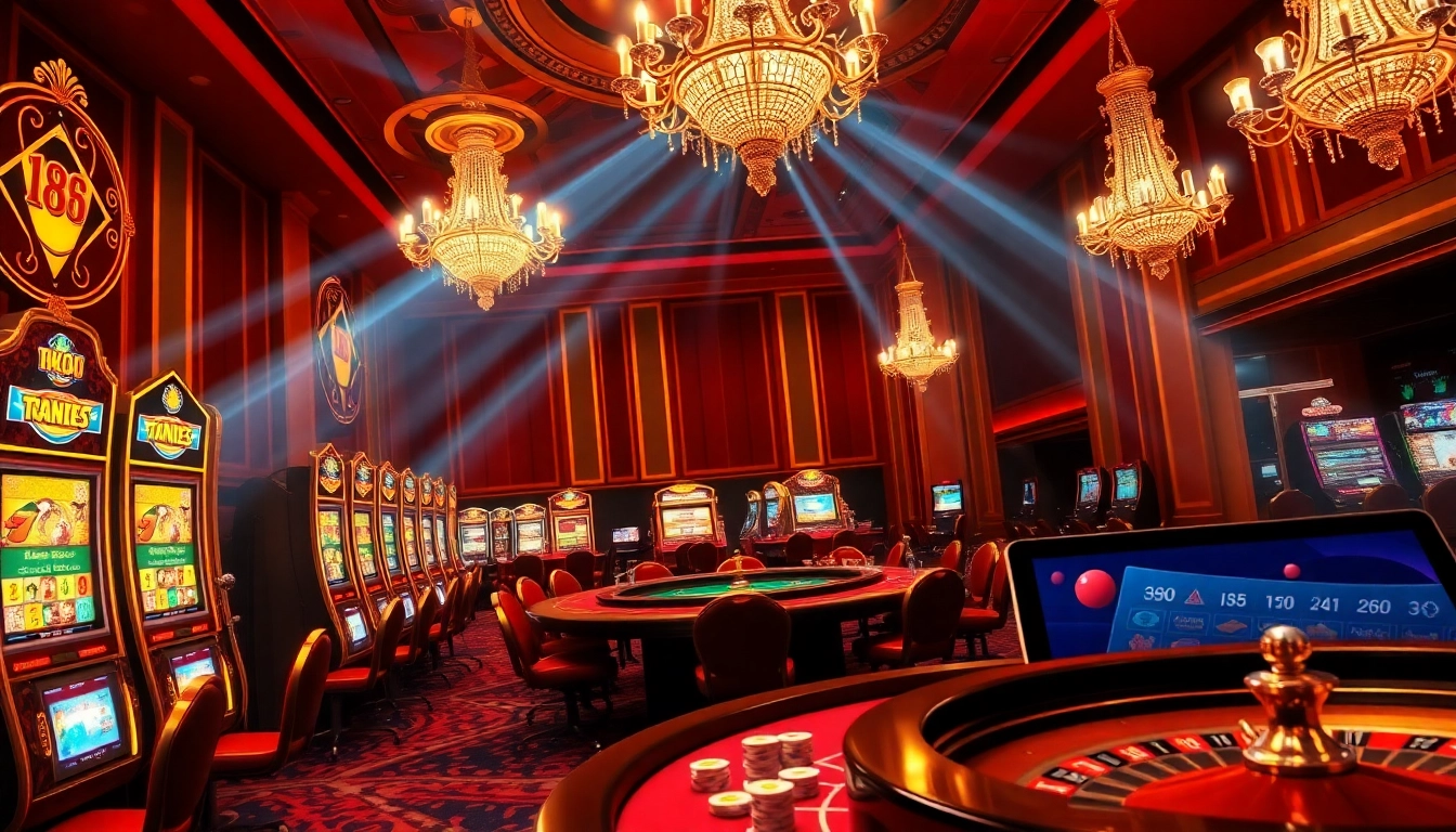A luxurious casino scene highlighting excitement at nk88 with slot machines, poker tables, and roulette wheels.