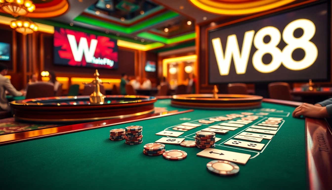 Players immersed in a thrilling W 88 casino experience with vibrant gaming tables and live action.