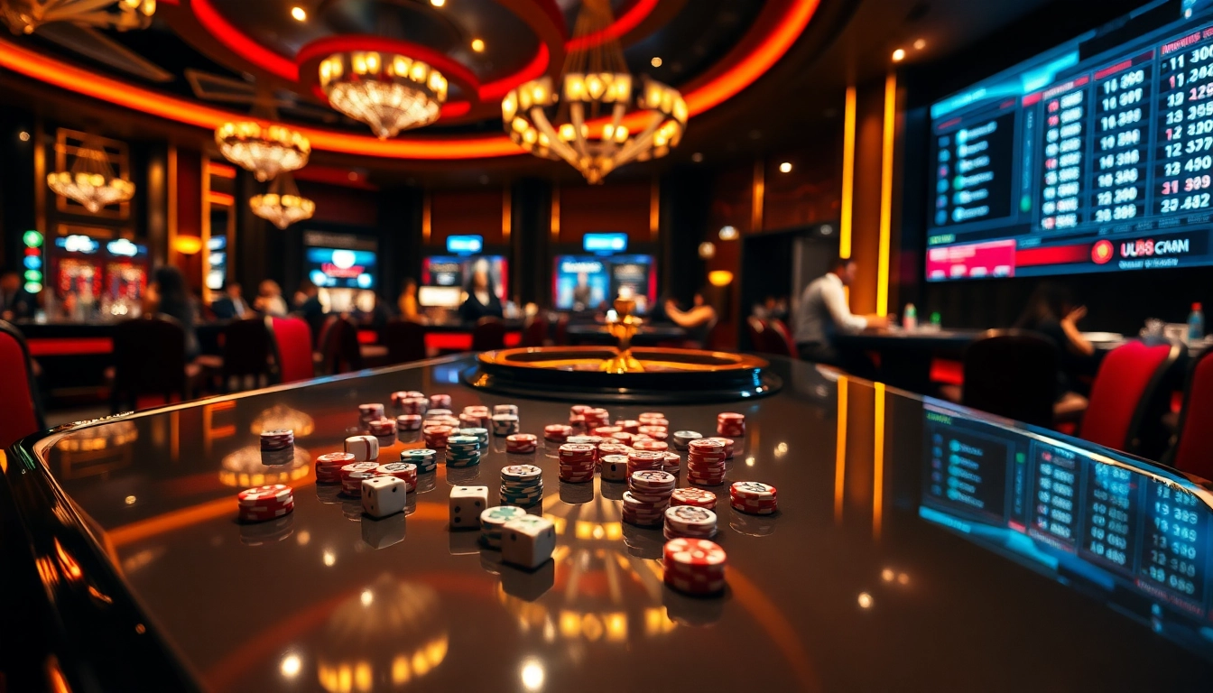UU88 players enjoying intense gambling action at a luxurious casino table with poker chips.