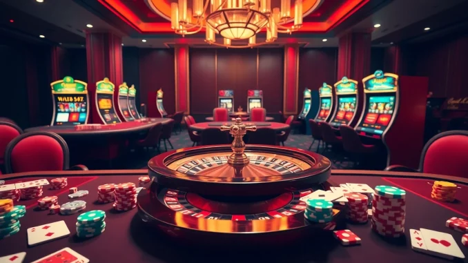 Engaging gaming scene featuring f168 bet tables with colorful chips and cards for online gambling.