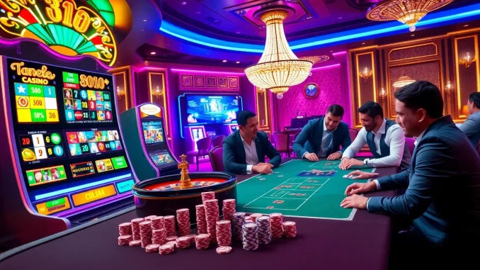 Players enjoying thrilling games at 88aa, with vibrant slot machines and a roulette wheel.