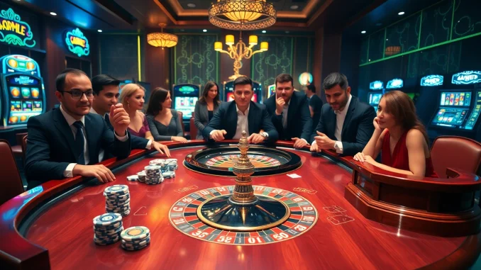 Exciting gameplay at NOHU90 casino featuring vibrant poker chips and a roulette wheel.