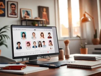 Engaging workspace showcasing computer with the best nsfw ai chat interface and character avatars.