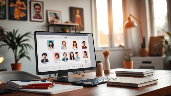 Engaging workspace showcasing computer with the best nsfw ai chat interface and character avatars.