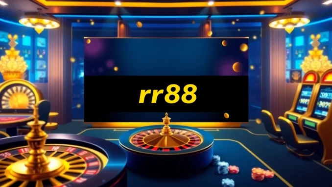 rr88 đăng nhập with an elegant casino interface featuring poker chips and slot machines.
