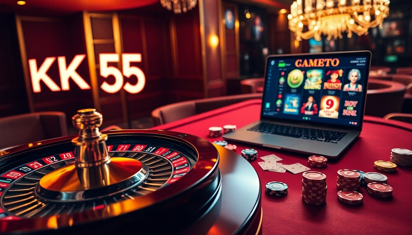 Experience top-tier casino excitement at KK55 with roulette, poker chips, and vibrant gaming visuals.