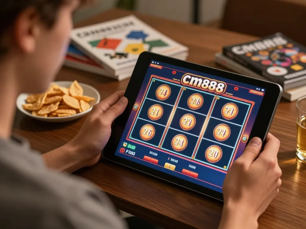 Player engaging in online slots at cm88 from a cozy home setup, emphasizing responsible gaming.