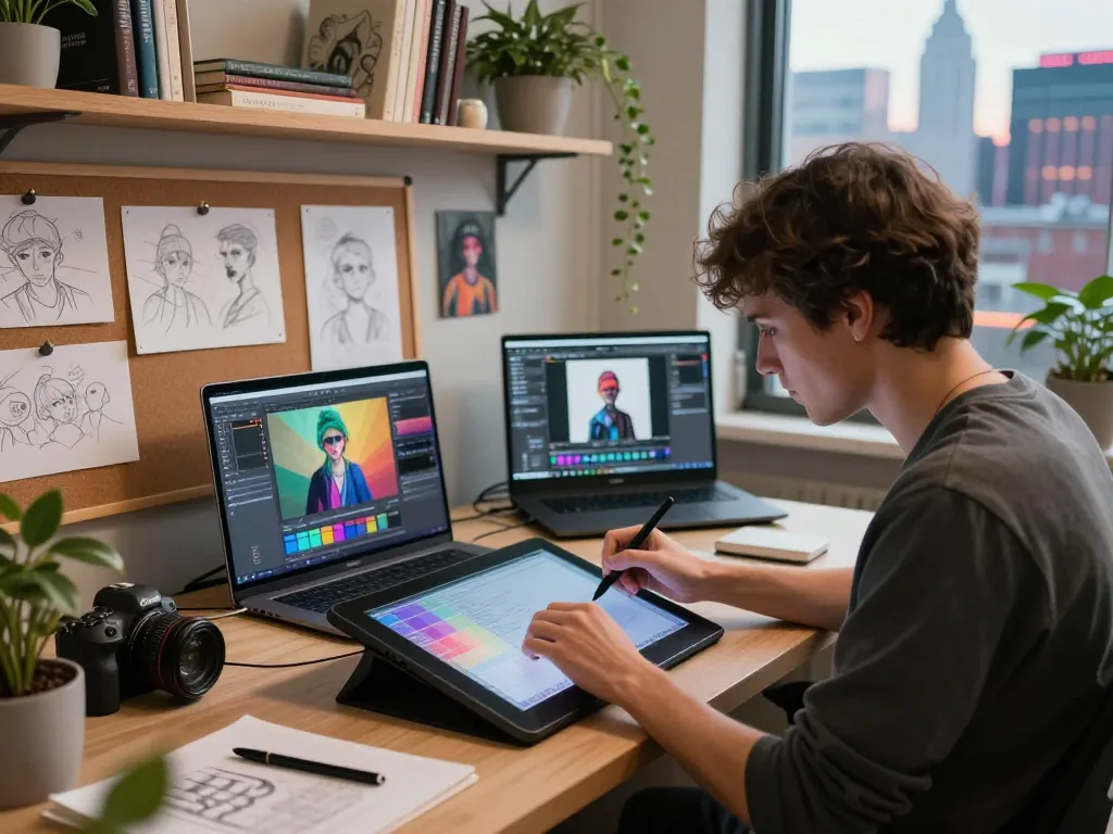 AI porn artist creating on tablet in modern studio with city view.