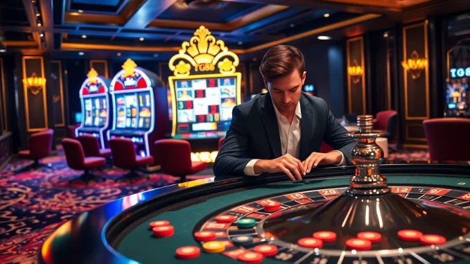 Tg88 casino player engaged at a luxurious roulette table with vibrant chips and a high-stakes atmosphere.