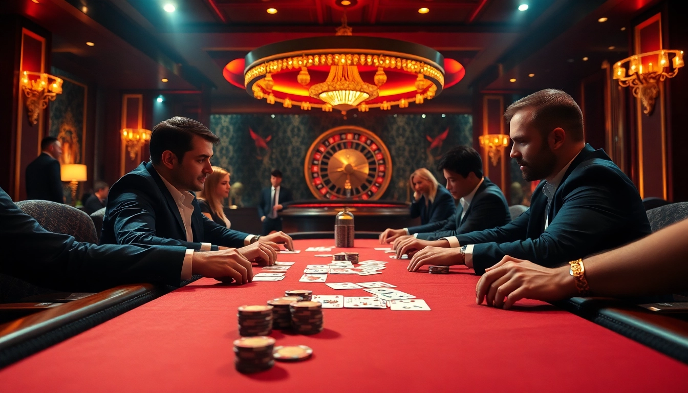 Players engage in high-stakes poker at a 69vn casino table, emphasizing thrill and strategy.