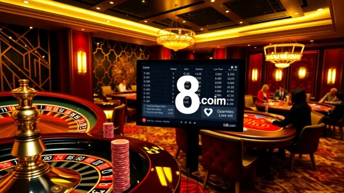 Players excitedly place bets at S8.com, showcasing a dynamic casino environment with vivid roulette wheels and poker chips.