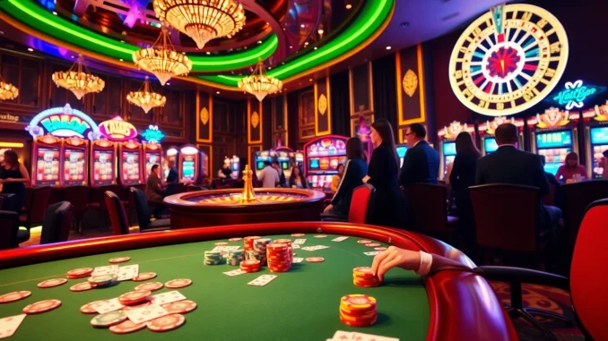 Hello88 players enjoying an engaging casino environment with poker and slot machines.