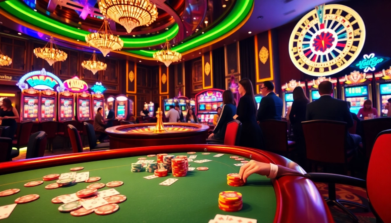 Hello88 players enjoying an engaging casino environment with poker and slot machines.