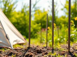 אנكور סטייק מאבטח אוהל בצורה בטוחה בגינה שטופת שמש, מוקפת בצמחים ססגוניים.